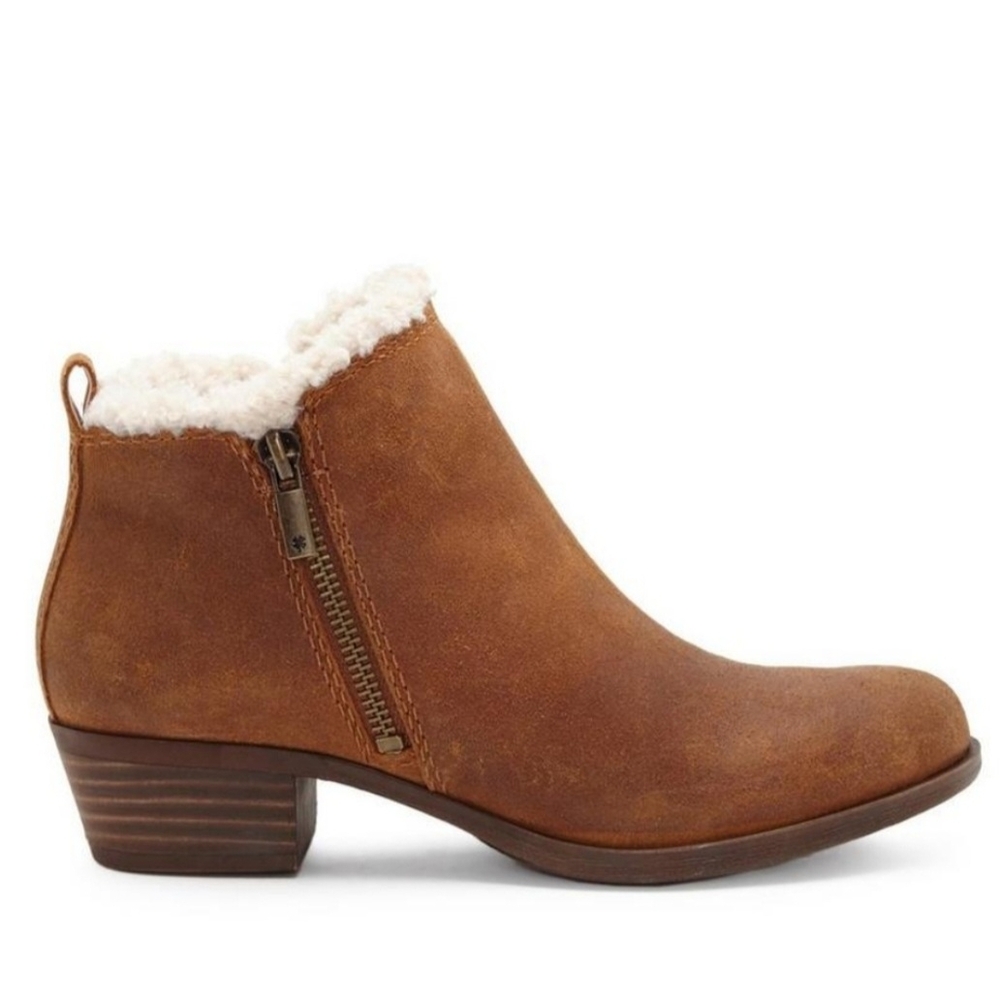 Lucky Brand Weatherized Tan Leather Ankle Booties Faux Fur Lining NWT  Size 5.5 - Picture 2 of 6